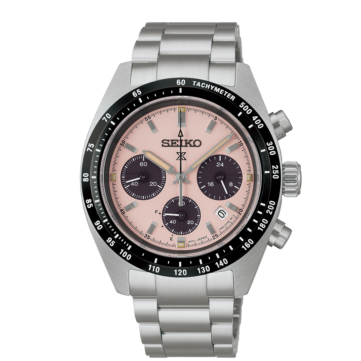 Dit is een horloge van het merk Seiko. Het is een chronograaf horloge gemaakt van staal. De diameter van de kast is 39 mm en de kast is 13.3 mm dik.
De verdere specificaties van het horloge zijn als volgt:
Kastvorm: rond
Kastkleur: zilverkleurig
Kastmateriaal: staal
Bandbreedte: 20 mm
Sluiting: vouwsluiting met drukker
Wijzerplaatkleur: roze
Glassoort: saffier glas
Waterdichtheid: 10 ATM
Techniek: solar