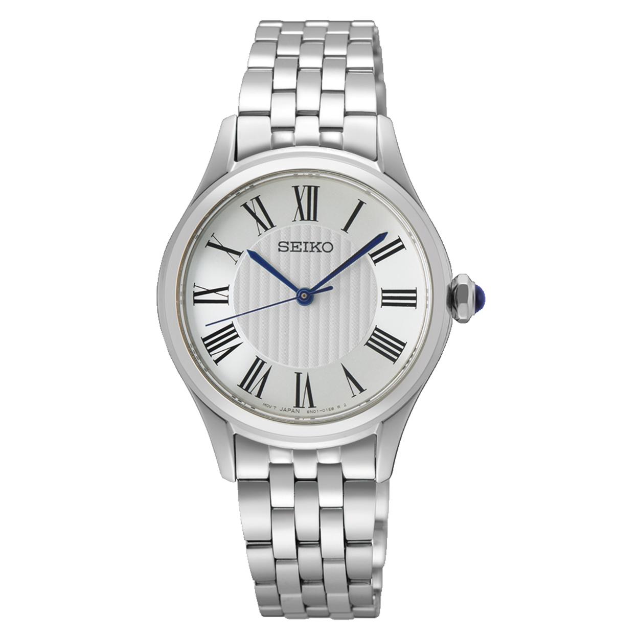 Dit is een horloge van het merk Seiko. Het is een analoog horloge gemaakt van staal. De diameter van de kast is 29.6 mm en de kast is 6.18 mm dik.
De verdere specificaties van het horloge zijn als volgt:
Kastvorm: rond
Kastkleur: zilverkleurig
Kastmateriaal: staal
Bandbreedte: 12 mm
Bandlengte: 219.6 mm
Sluiting: vouwsluiting met drukker
Wijzerplaatkleur: wit
Glassoort: saffier glas
Waterdichtheid: 5 ATM
Techniek: quartz