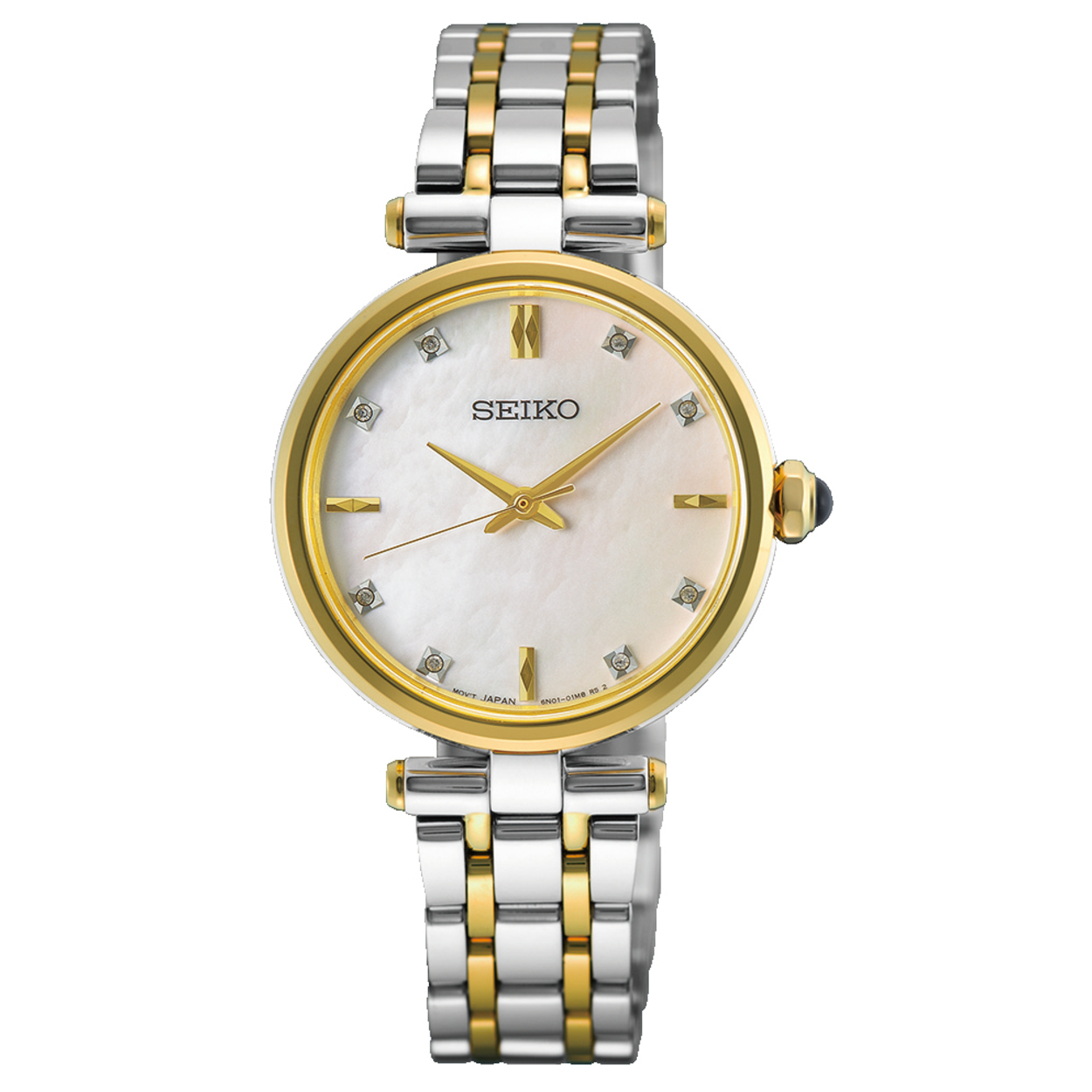 Dit is een horloge van het merk Seiko. Het is een analoog horloge gemaakt van staal. De diameter van de kast is 29 mm en de kast is 6.2 mm dik.
De verdere specificaties van het horloge zijn als volgt:
Kastvorm: rond
Kastkleur: tweekleurig
Kastmateriaal: staal
Bandbreedte: 4 mm
Sluiting: vouwsluiting met drukker
Wijzerplaatkleur: parelmoer
Glassoort: saffier glas
Waterdichtheid: 5 ATM
Techniek: quartz