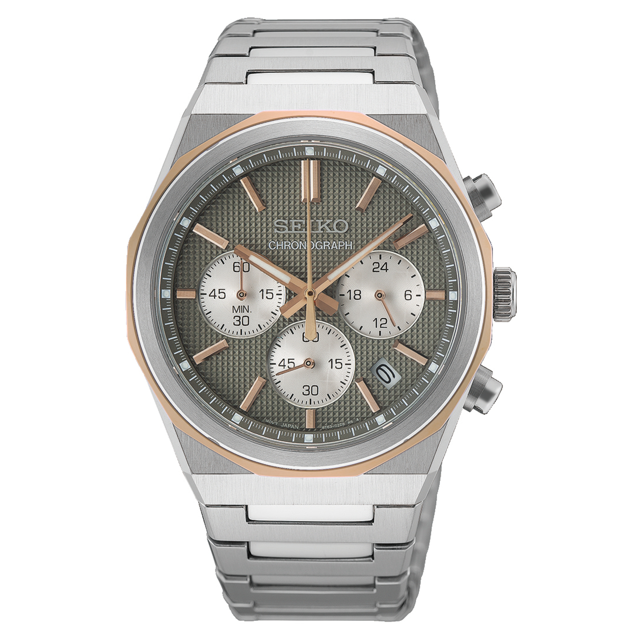 Dit is een horloge van het merk Seiko. Het is een chronograaf horloge gemaakt van staal. De diameter van de kast is 40 mm en de kast is 11.5 mm dik.
De verdere specificaties van het horloge zijn als volgt:
Kastvorm: rond
Kastkleur: tweekleurig
Kastmateriaal: staal
Bandbreedte: 20 mm
Sluiting: vouwsluiting met drukker
Wijzerplaatkleur: grijs
Glassoort: saffier glas
Waterdichtheid: 10 ATM
Techniek: quartz