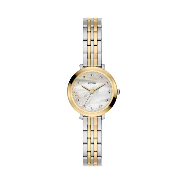 De FOSSIL ES5500 is een stijlvol dameshorloge met een kast en band van roestvrij staal in goud-zilver kleur. Het horloge heeft een analoog uurwerk, quartz beweging, en een wijzerplaat versierd met sierdiamanten. Draag het bij formele of chique casual gelegenheden. Het horloge is nikkelvrij en antiallergisch, met een waterdichtheid niveau van 3 ATM. Geen datumaanduiding of lichtfunctie.
