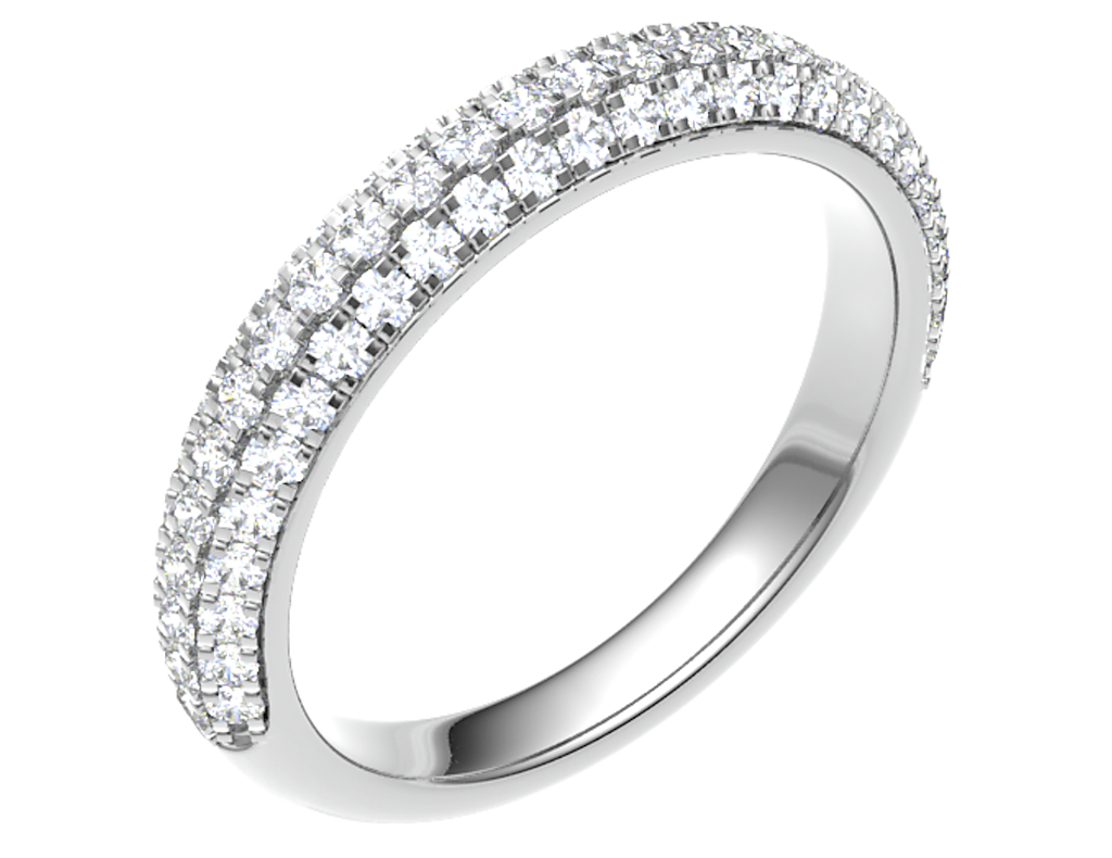 Exclusieve 14 karaat witgouden verlovingsring bezet met een dubbele rij van 0.47 ct schitterende briljanten (SI1/G) uit de eigen collectie van Juwelier Rijk in Amsterdam. Een luxueuze blikvanger, te bewonderen aan de Heiligeweg 10 in het centrum van Amsterdam of direct online te bestellen.