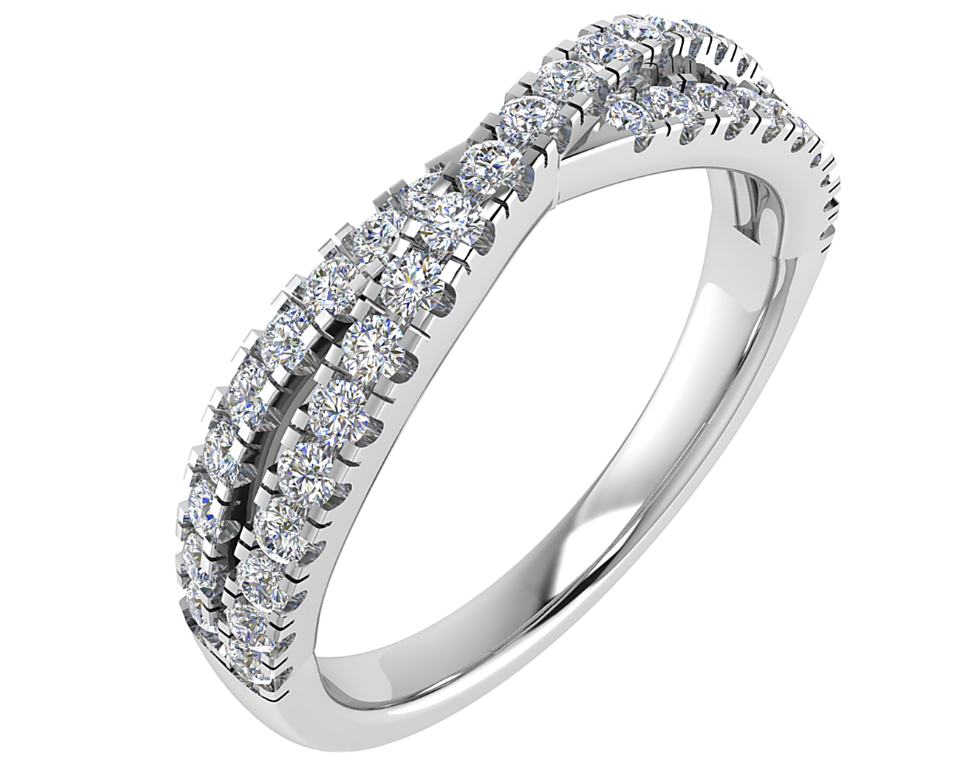Sierlijke 14 karaat witgouden verlovingsring met een speels gekruist crossover-design, rijkelijk bezet met 0.32 ct briljant geslepen diamanten (SI1/G). Exclusief van Juwelier Rijk in Amsterdam, te bewonderen aan de Heiligeweg 10 of direct online te bestellen.