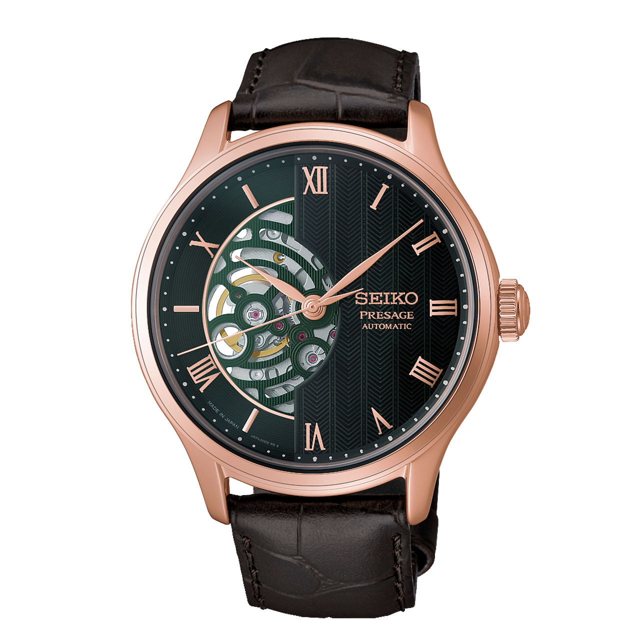 Het Seiko Herenhorloge HCB007J1 beschikt over een automatisch uurwerk, een bruine lederen band van 20 mm, een groene analoge wijzerplaat, een roestvrijstalen kast van 41,77 mm in ros&eacute;goud en saffierglas. Ideaal voor formele en stijlvolle gelegenheden dankzij de luxe uitstraling en klassieke ronde vorm. Niet voorzien van een datumfunctie of smartwatch-opties. 