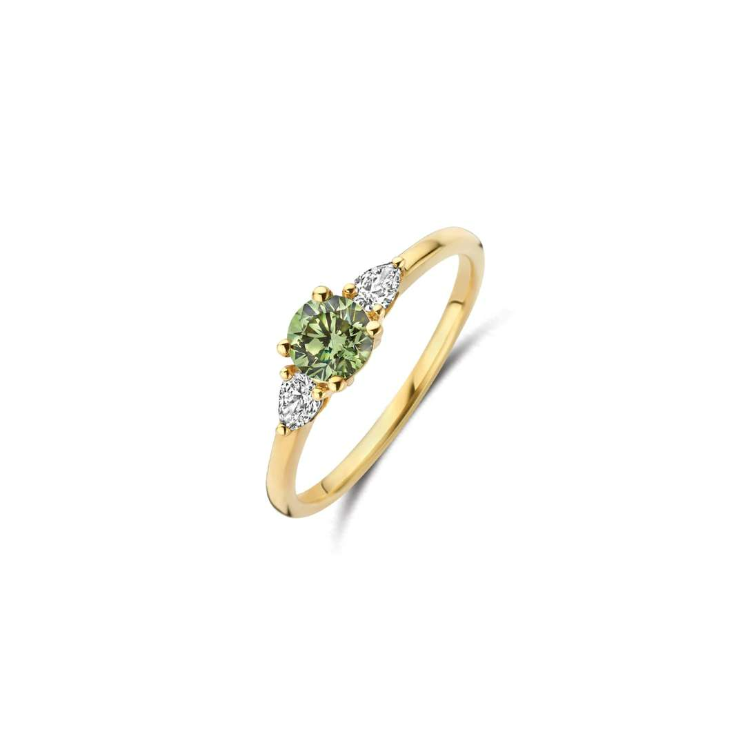 LG1069Y/54. Blush geelgouden damesring met lab diamant. In het midden een lab diamond groen 0.50crt. Buitenste stenen 0.09crt lab diamond. 