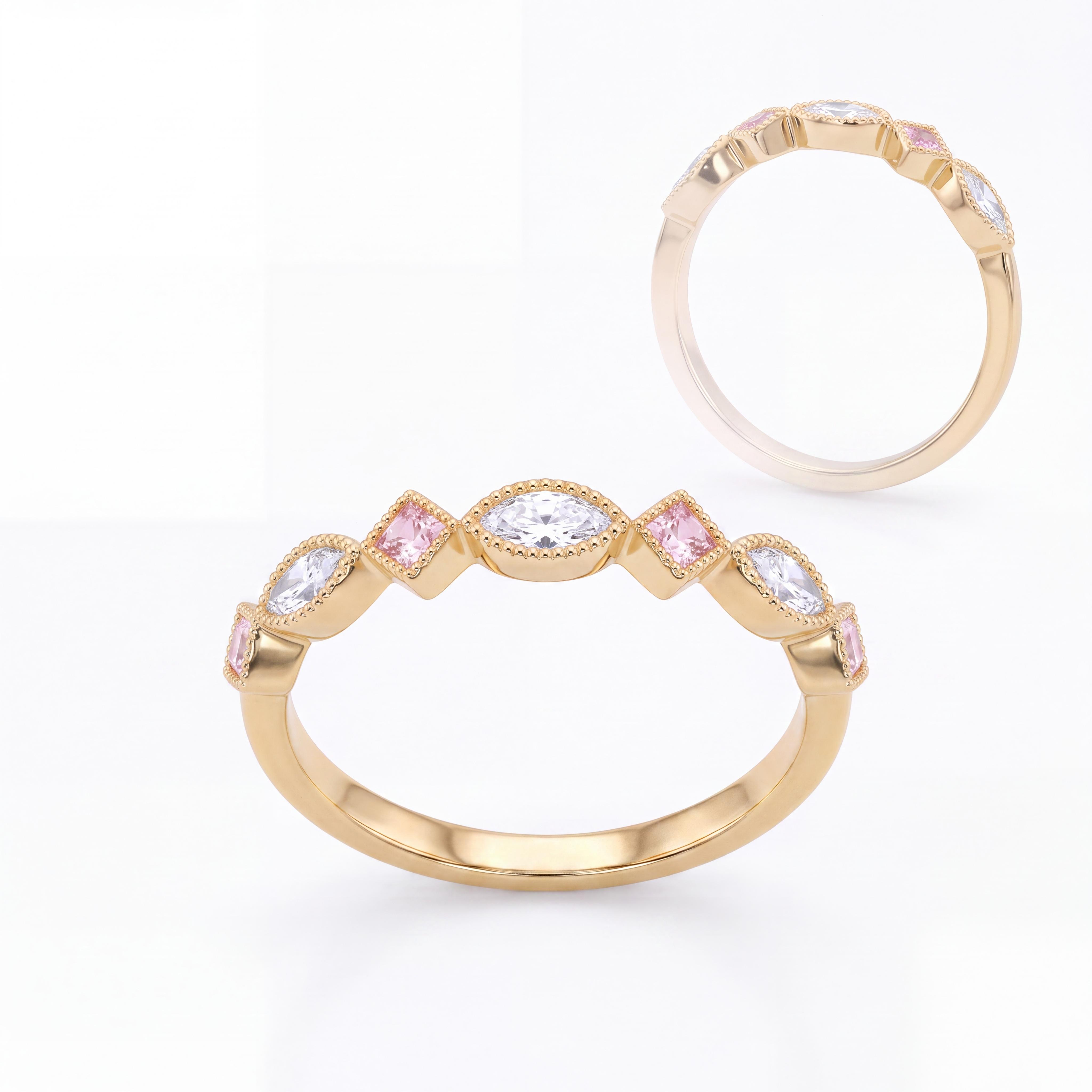 Betoverende 18 karaat geelgouden verlovingsring met een speels patroon van marquise geslepen diamanten (0.18 ct SI1/G) en briljant geslepen roze toermalijnen (0.07 ct) uit de eigen collectie van Juwelier Rijk in Amsterdam. Te bewonderen aan de Heiligeweg 10 in het centrum van Amsterdam of direct online te bestellen.