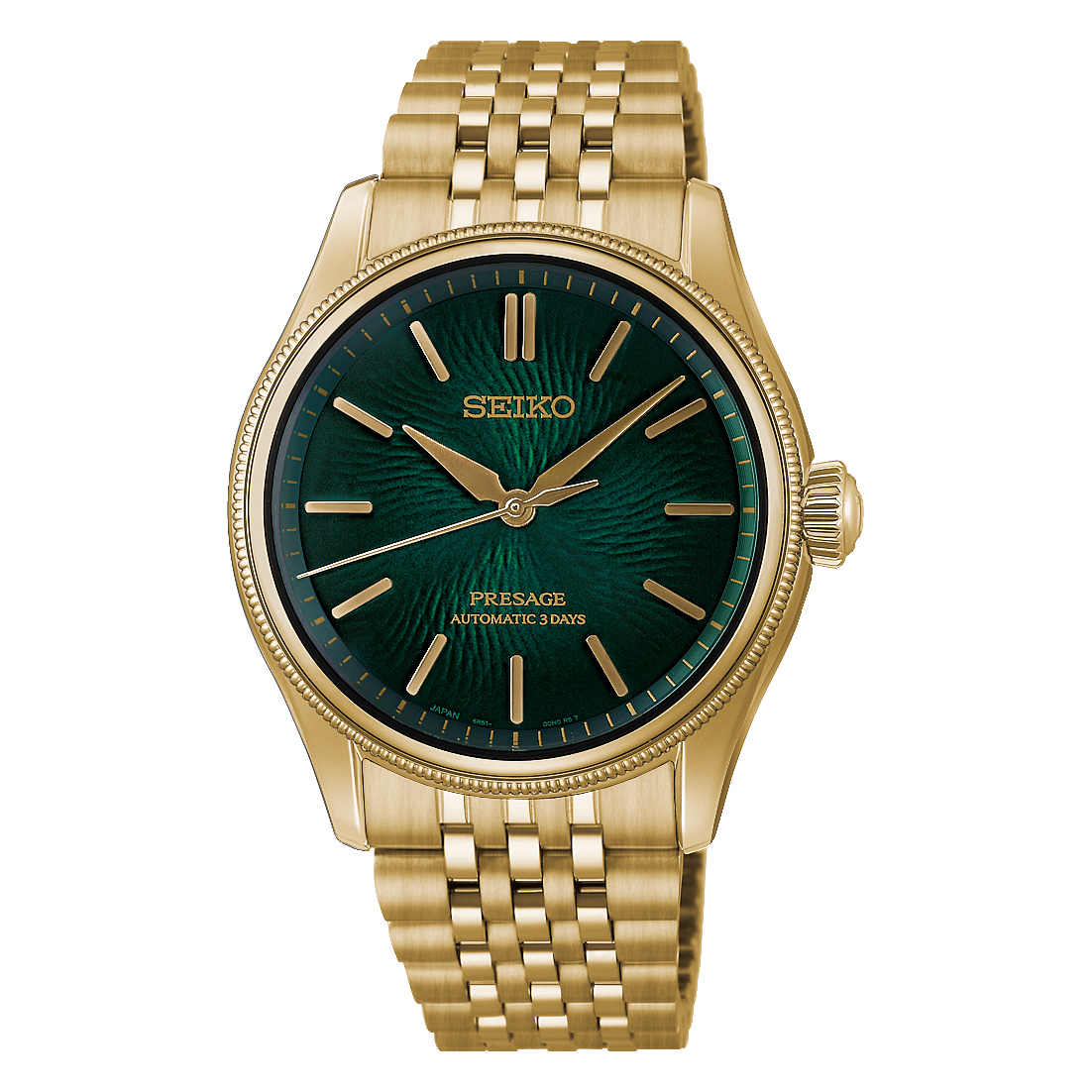 Limited Edition nr. 1777/2000

De Seiko Presage TRADMAN'S BONSAI Limited Edition - HCC009J1 is een elegante horloge met een goudkleurige roestvrijstalen kast en band, groene wijzerplaat, en saffieren glas. Het automatische uurwerk en de waterbestendigheid tot 10 ATM maken het ideaal voor dagelijks gebruik. Perfect om te dragen bij formele en zakelijke gelegenheden. Diameter: 38mm; bandbreedte: 20mm.