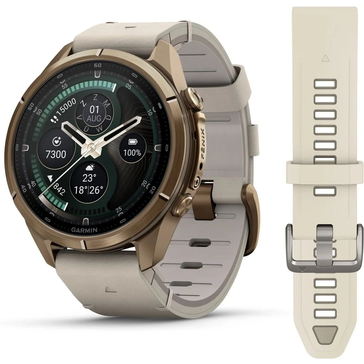 De Garmin Fenix 9 Pro 43 MM (model 010-04335-41) is een geavanceerd horloge met een titanium kast, saffierglas en een echte lederen band in grijs. Het horloge heeft een slank design met een gouden kleurige ronde kast en zwarte wijzerplaat. Het is waterbestendig niveau 2 en bevat een datumaanduiding. Ideaal voor dagelijks gebruik.