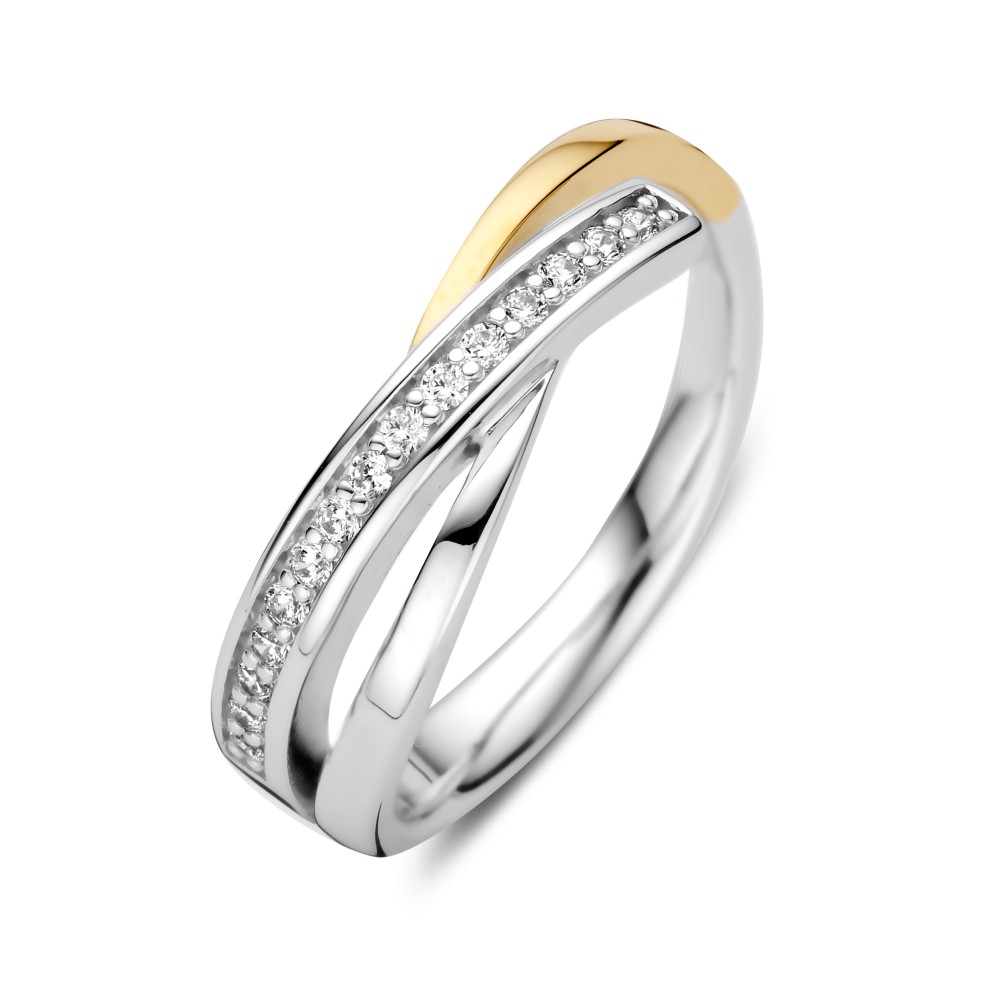 Zilver/goud ring, fantasie model met zirkonia