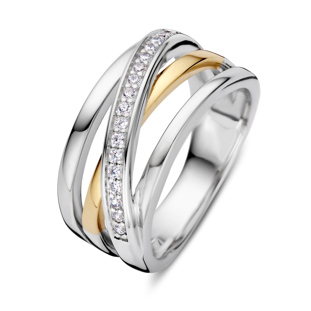 Zilveren ring, crossover model met 3 banen zilver waarvan 1 met zirkonia en 1 baan goud.