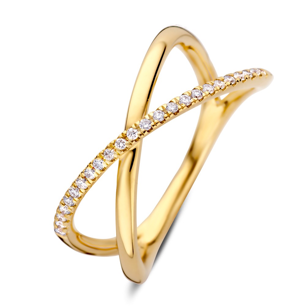 14k geelgouden crossover ring, 1 baan glad, 1 baan met diamant 0.12crt H/SI