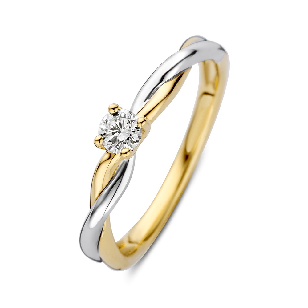 14k bicolor ring, gedraaid, solitair met diamant 0.19crt H/SI
