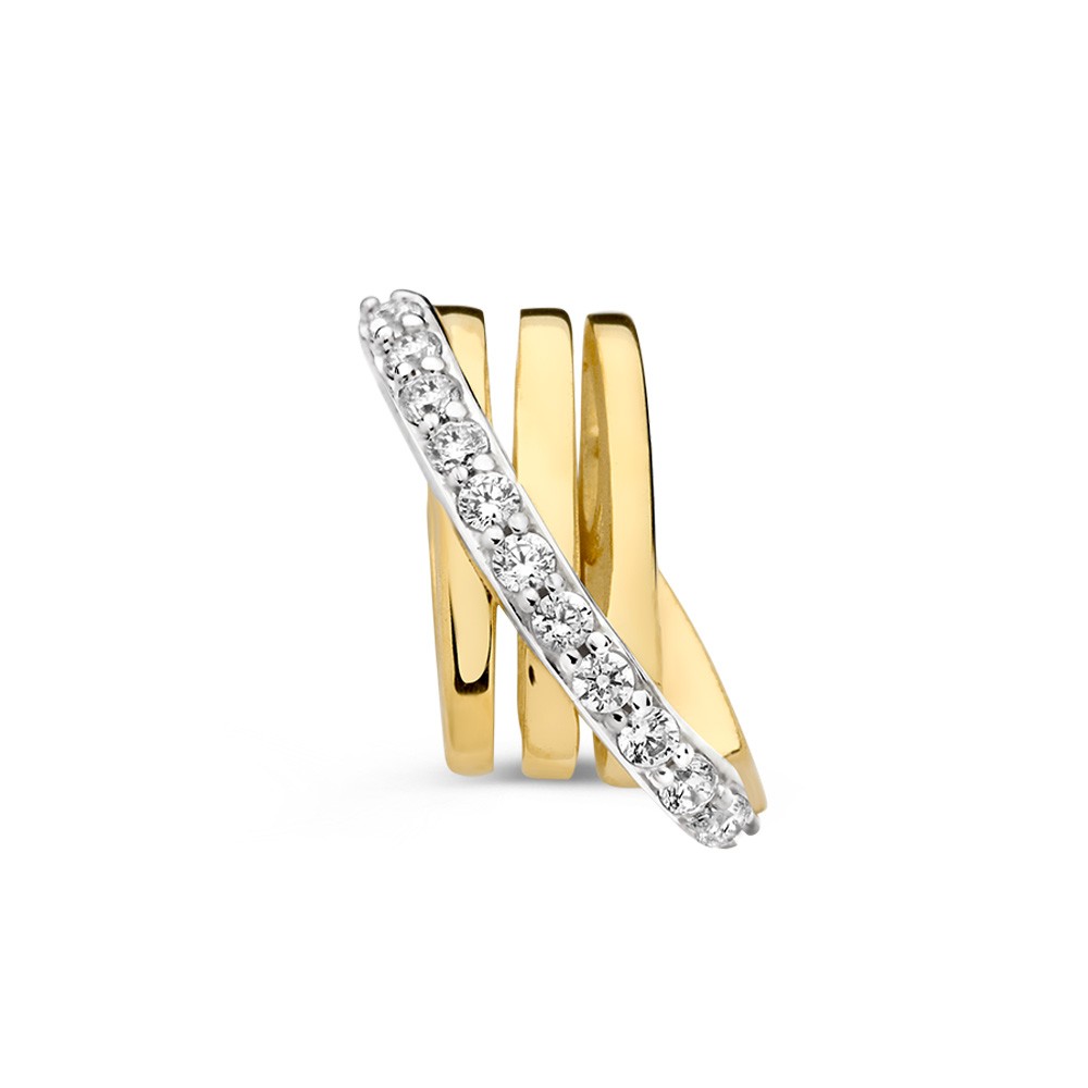 Deze geelgouden hanger van Excellent Jewelry combineert een speels lijnenspel met een strook fonkelende zirkonia, voor een moderne en tegelijk tijdloze uitstraling. Met een breedte van 5,7 mm en hoogte van 11 mm is dit een verfijnd accent dat mooi op elke ketting valt.