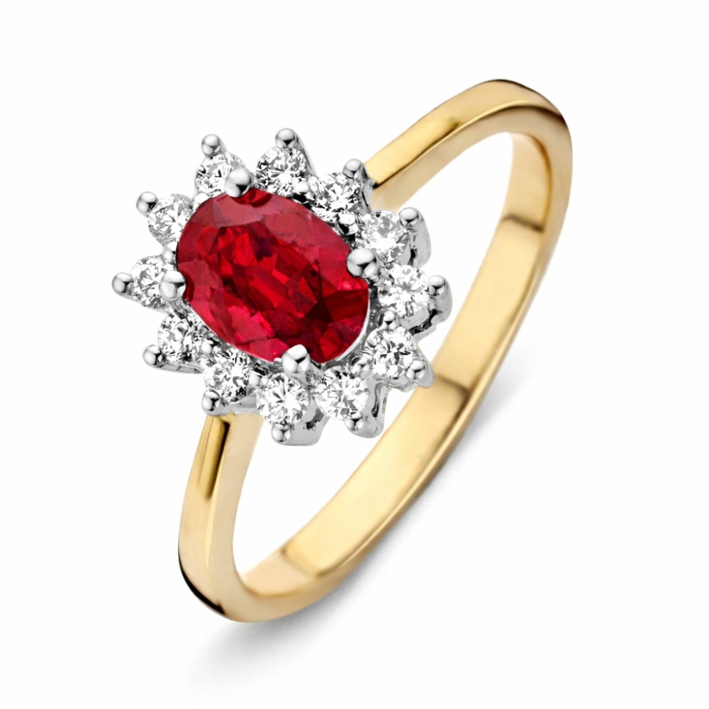 14k Bicolor rozet ring met Robijn en diamant. 0.27 crt H/SI