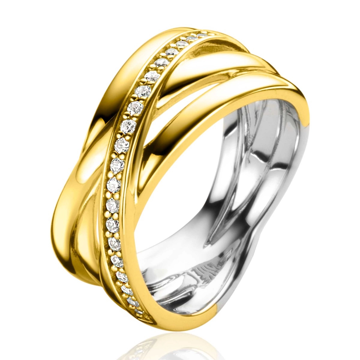 ZINZI zlv. ring geel verg. cross-over 1xrij zirc. mt.62