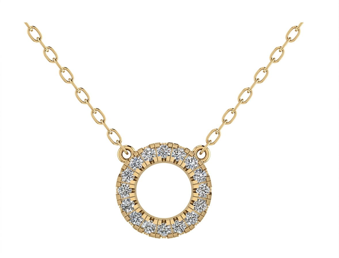 Elegante 18 karaat geelgouden diamanten cirkel collier met een verfijnde pav&eacute;zetting van totaal 0.14 ct diamant (SI1/G) uit de eigen collectie van Juwelier Rijk. Kom hem passen aan de Heiligeweg 10 in het centrum van Amsterdam of bestel eenvoudig online.