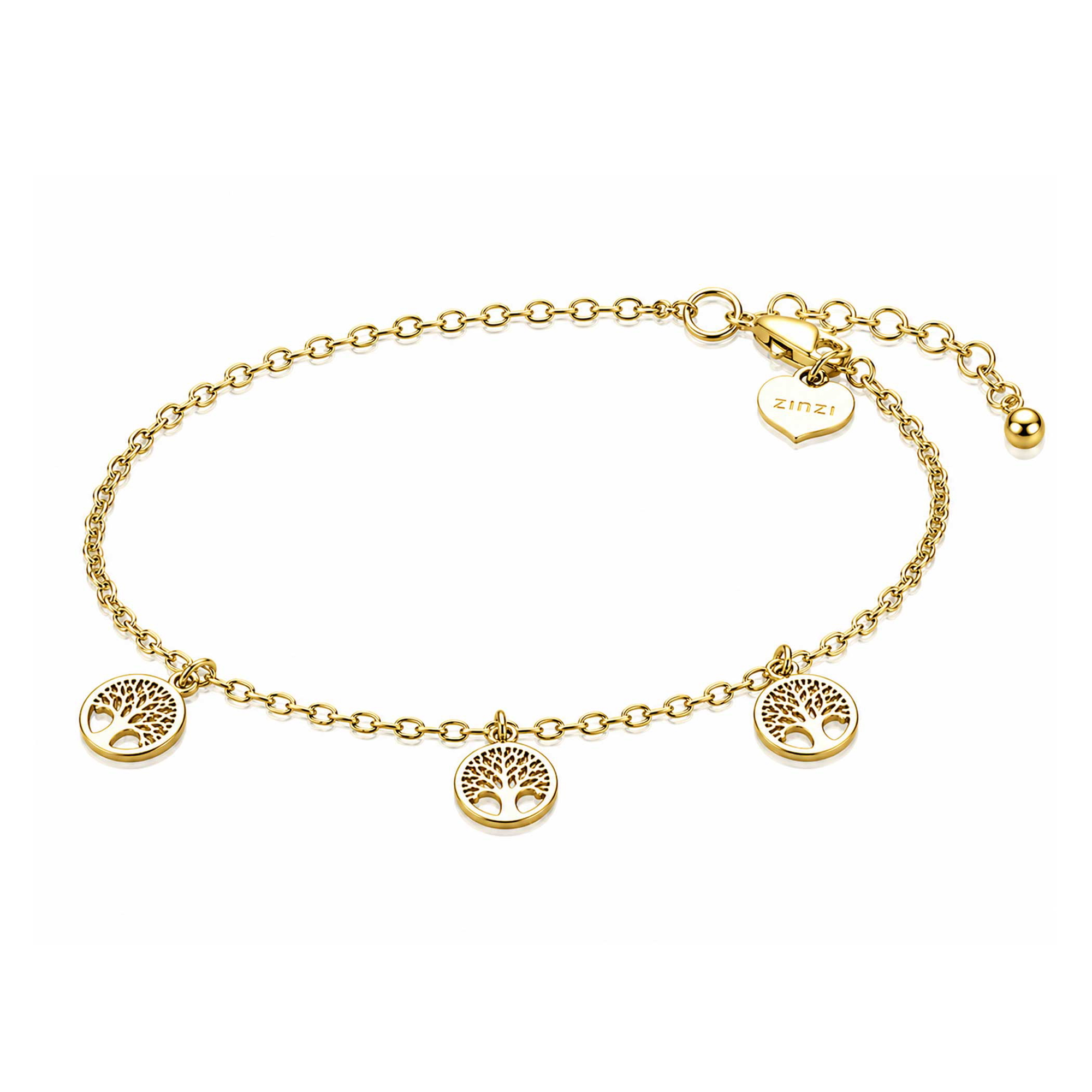 ZINZI gold plated zilveren armband met drie ronde levensboom hangers van 8mm. De levensbomen zijn verdeeld over de fijne schakelarmband en de armband is verstelbaar van 17 tot 20 cm met een karabijnsluiting. De armband is vervaardigd van eerste gehalte zilver (925) en extra geelverguld.