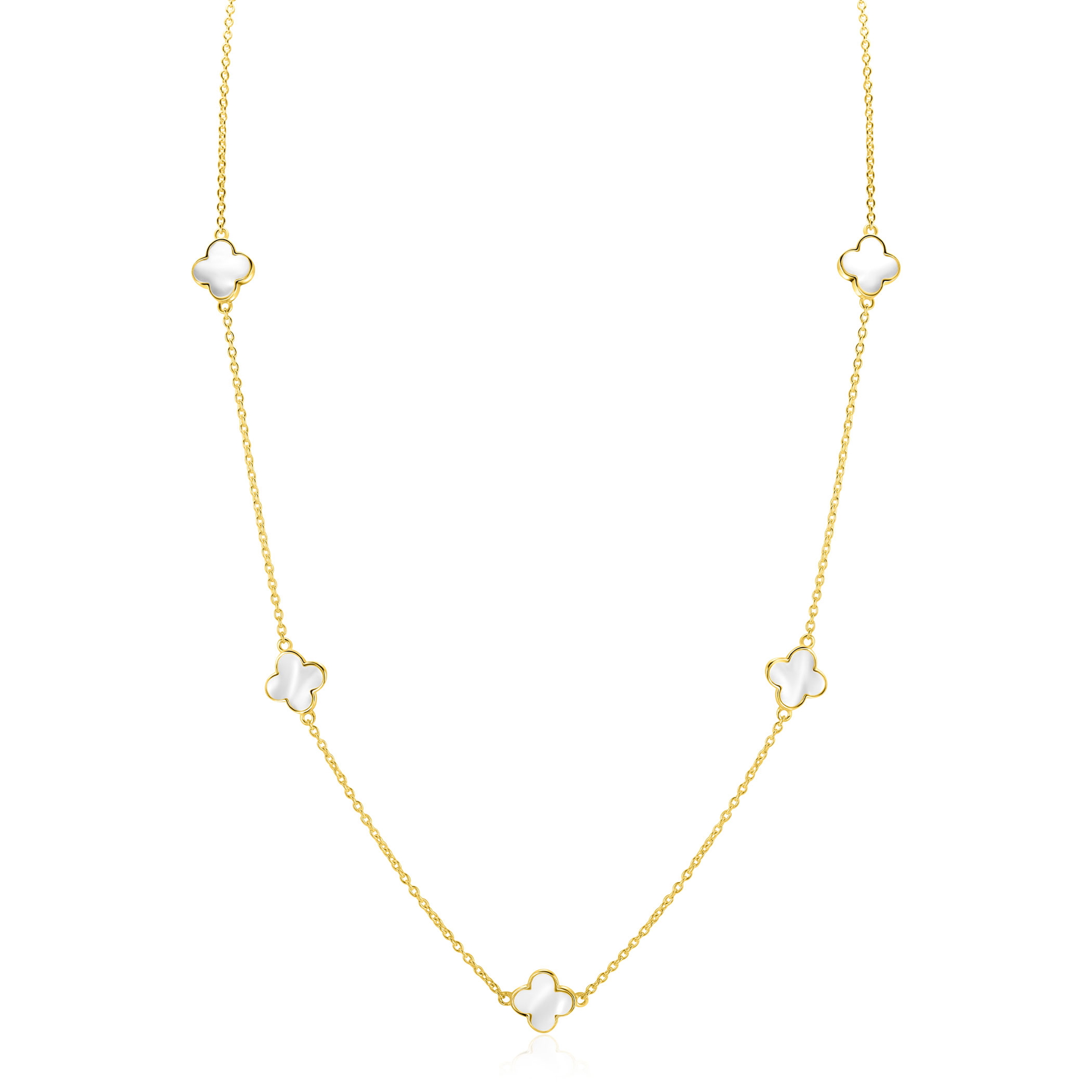 ZINZI gold plated zilveren ketting 45 cm met vijf klavers bezet met wit parelmoer (11mm). De klavers zijn gelijkmatig over de fijne schakelketting verdeeld en de ketting is verstelbaar van 42 tot 45 cm met een karabijnsluiting. De ketting is vervaardigd van eerste gehalte zilver (925) en extra geelverguld.
