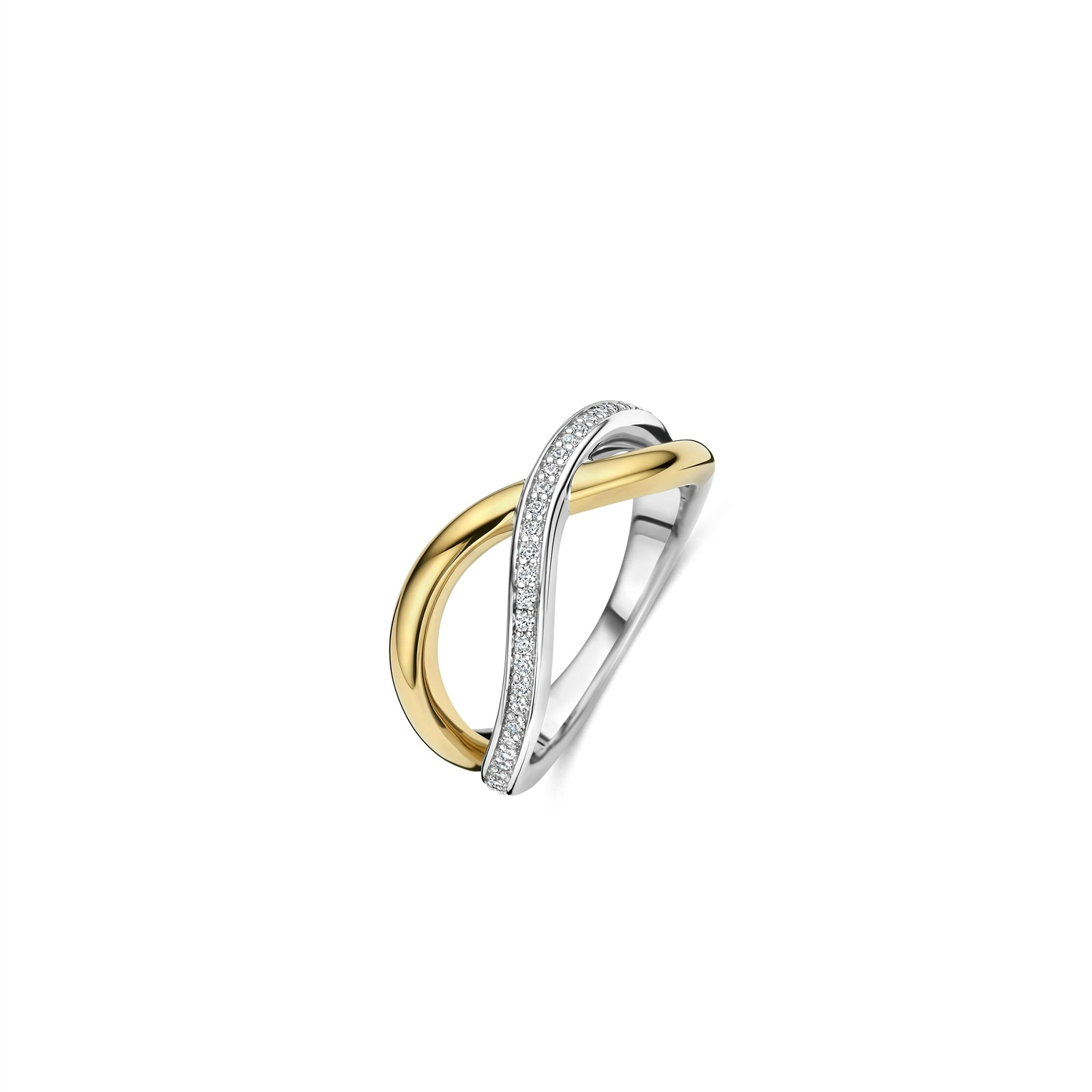 Zilver/vergulde ring, crossover van 2 banen waarvan de zilveren met zirkonia