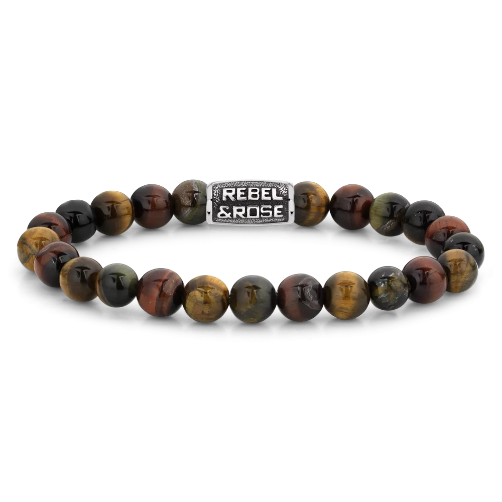 Bead armband, handgemaakt van 8mm gemixte Tijgeroog stenen. De sluiting is van stainless steel en de vintage look is handmatig aangebracht. Het Rebel & Rose sieraad is makkelijk te combineren met andere zilveren, leren of kralenarmbanden.