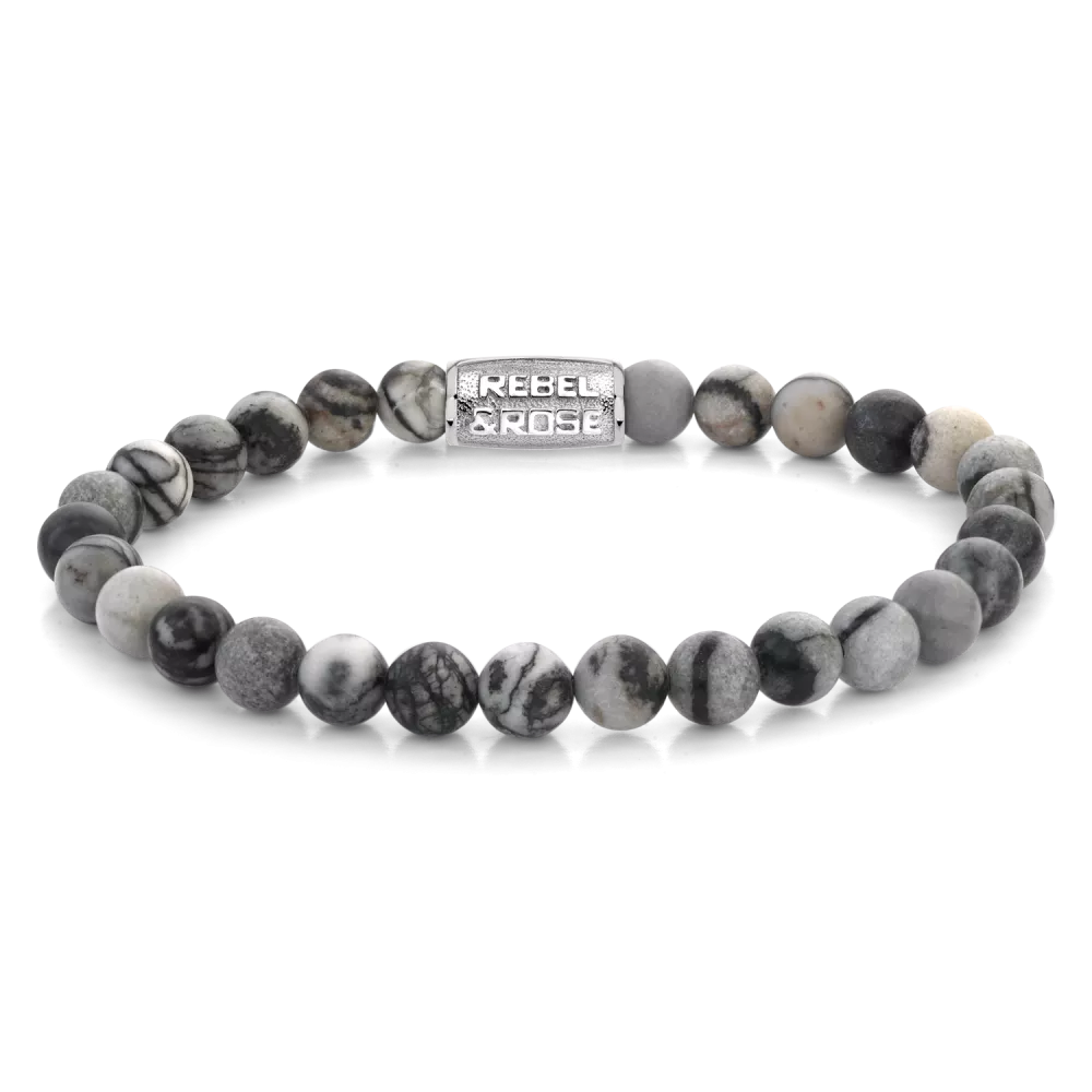 Bead armband, handgemaakt van 6mm Agaat (Black Network) stenen met een zilverkleurige sluiting. Het Rebel & Rose sieraad is makkelijk te combineren met andere zilveren, leren of kralenarmbanden.