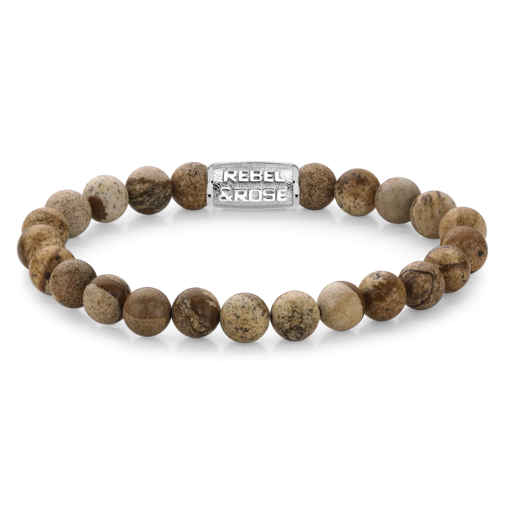 Bead armband, handgemaakt van 8mm Lithographic stenen met een zilverkleurige sluiting. Het Rebel & Rose sieraad is makkelijk te combineren met andere zilveren, leren of kralenarmbanden.