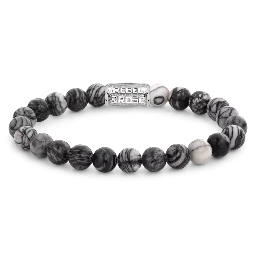 Bead armband, handgemaakt van 8mm Agaat (Black Network) stenen met een zilverkleurige sluiting. Het Rebel & Rose sieraad is makkelijk te combineren met andere zilveren, leren of kralenarmbanden.