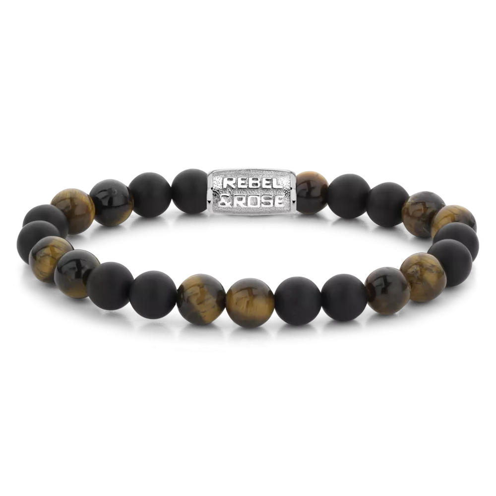 Bead armband, handgemaakt van 8mm natuurstenen (Onyx en Tijgeroog) en met een zilverkleurige sluiting. Het Rebel & Rose sieraad is makkelijk te combineren met andere zilveren, leren of kralenarmbanden.