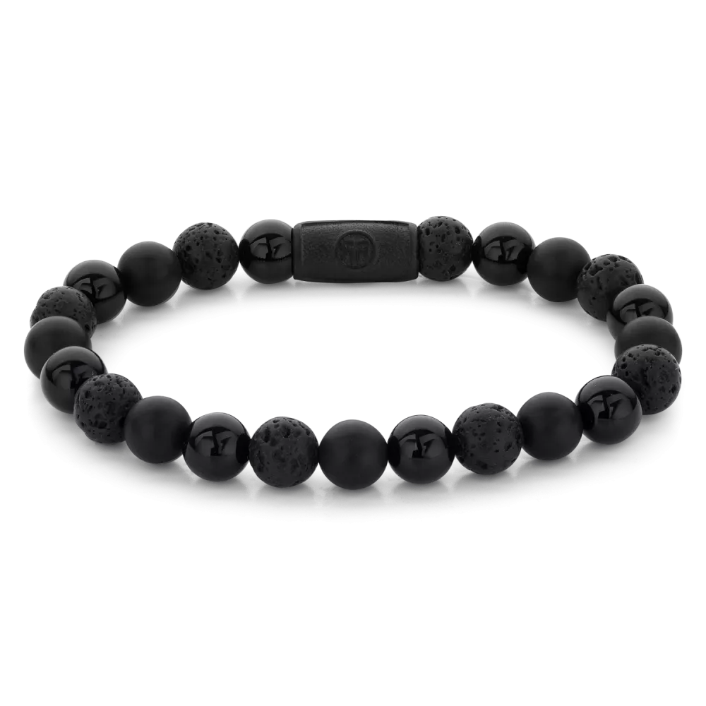 Bead armband, handgemaakt van 8mm natuurstenen (Onyx, Lava, Agaat) met een edelstalen zwarte sluiting. Het Rebel & Rose sieraad is makkelijk te combineren met andere zilveren, leren of kralenarmbanden.