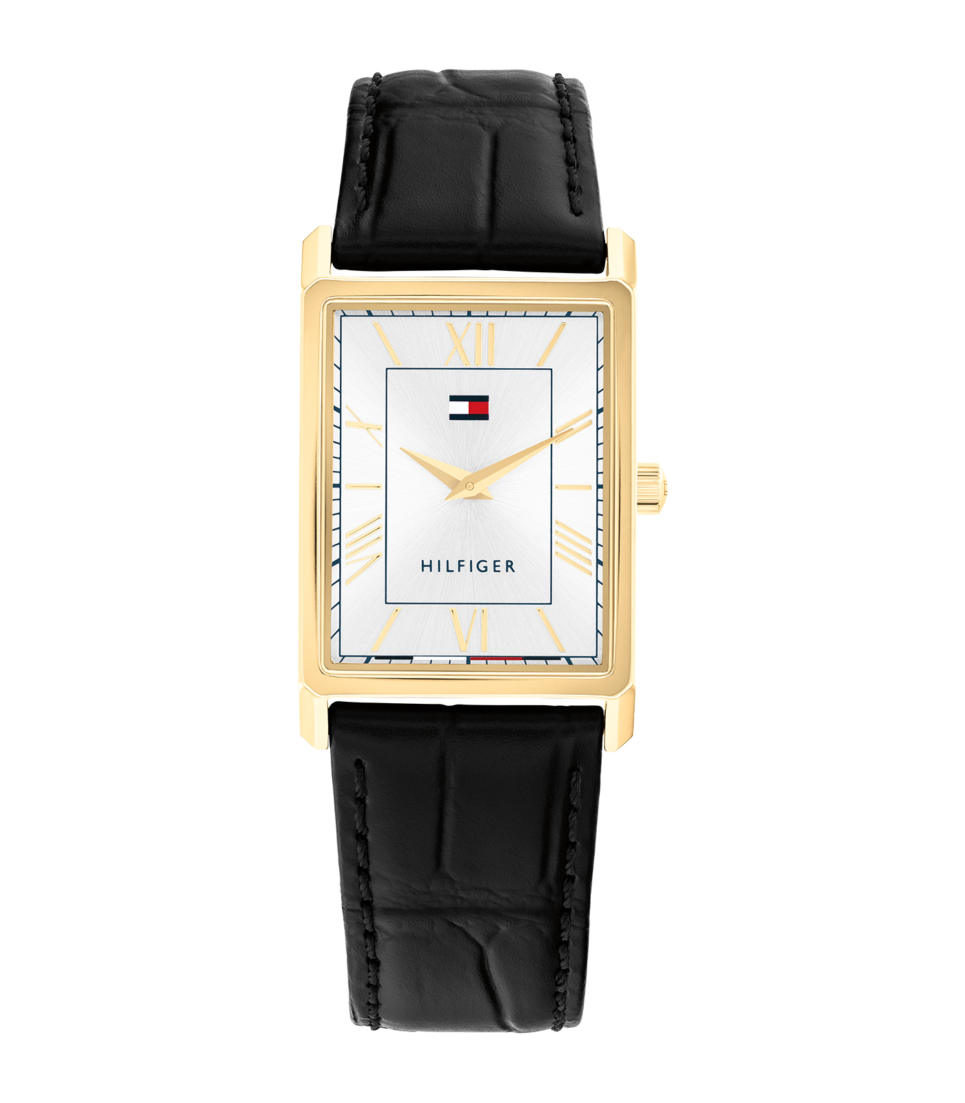Dit Tommy Hilfiger Rechthoekig Heren Horloge, modelnummer 1710772, is een stijlvol accessoire met een zwarte leren band en een goudkleurige roestvrijstalen kast. Het heeft een zilverkleurige wijzerplaat met Romeinse cijfers en een mineraalglas. Het analoge quartz-uurwerk is nikkelvrij en waterbestendig tot niveau 3. Ideaal te dragen bij formele en casual gelegenheden.