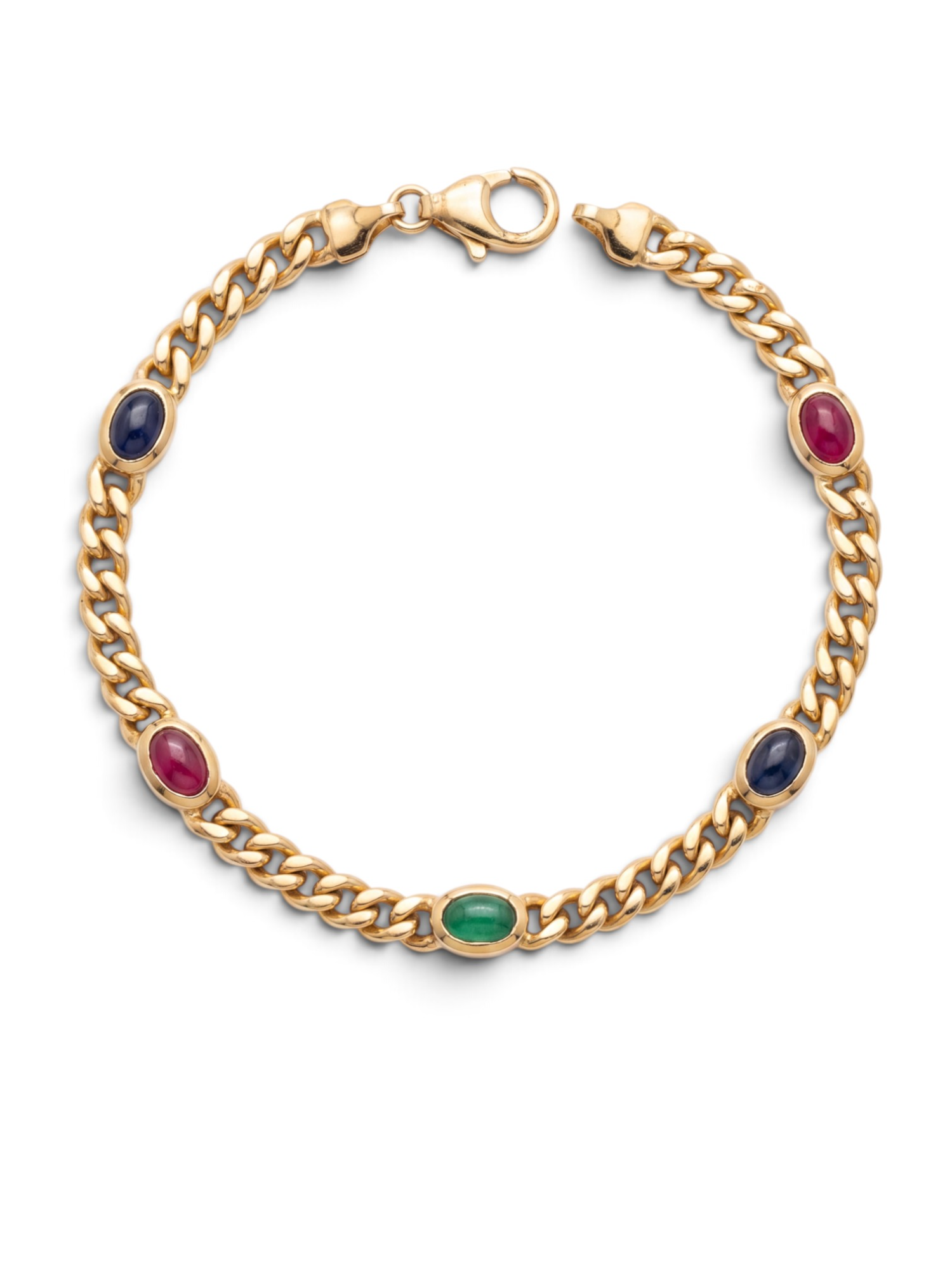 Voeg een vleugje tijdloze elegantie en kleur toe aan uw sieradencollectie met deze exclusieve 14 karaat massief geelgouden gourmet armband. Bezet met hoogwaardige cabochon geslepen edelstenen &mdash; blauw saffier, dieprode robijn en levendig groene smaragd. Een robuust en zwaar sieraad van topkwaliteit, verkrijgbaar bij Juwelier Rijk in Amsterdam.