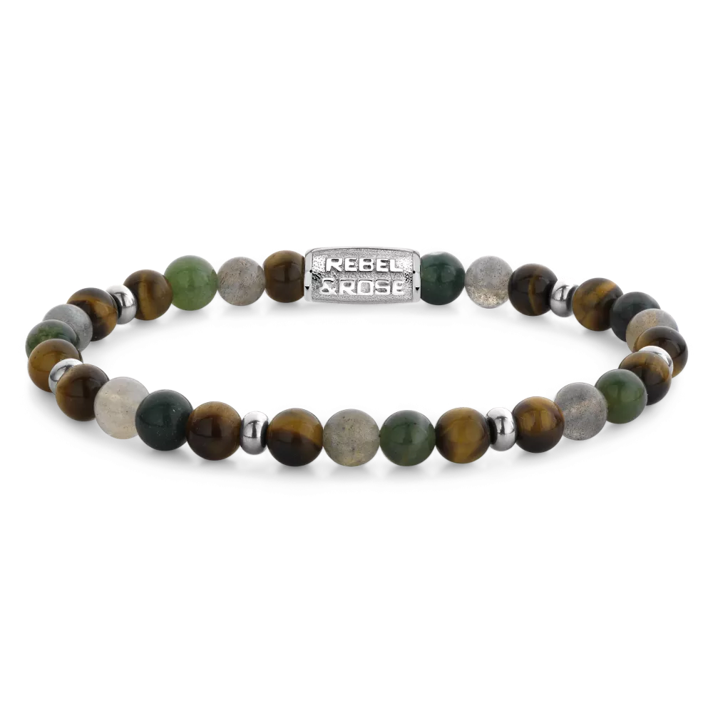 Bead armband, handgemaakt van 6mm stenen (Tijgeroog, Agaat, Labradoriet en kleine Stainless Steel elementen) met een zilverkleurige sluiting. De Rebel & Rose sieraden zijn makkelijk te combineren met andere zilveren, leren of kralenarmbanden.