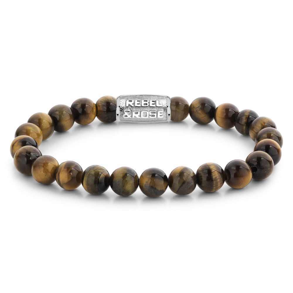 Bead armband, handgemaakt van 8mm gele Tijgeroog stenen met een zilverkleurige sluiting. Het Rebel & Rose sieraad is makkelijk te combineren met andere zilveren, leren of kralenarmbanden.