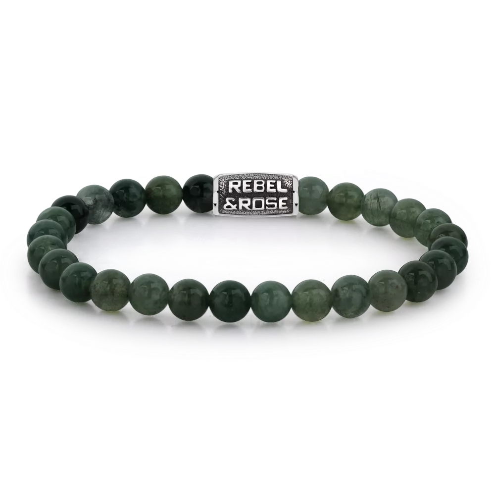 Bead armband, handgemaakt van 6mm Moss Agate stenen. De sluiting is van stainless steel en de vintage look is handmatig aangebracht. Het Rebel & Rose sieraad is makkelijk te combineren met andere zilveren, leren of kralenarmbanden.