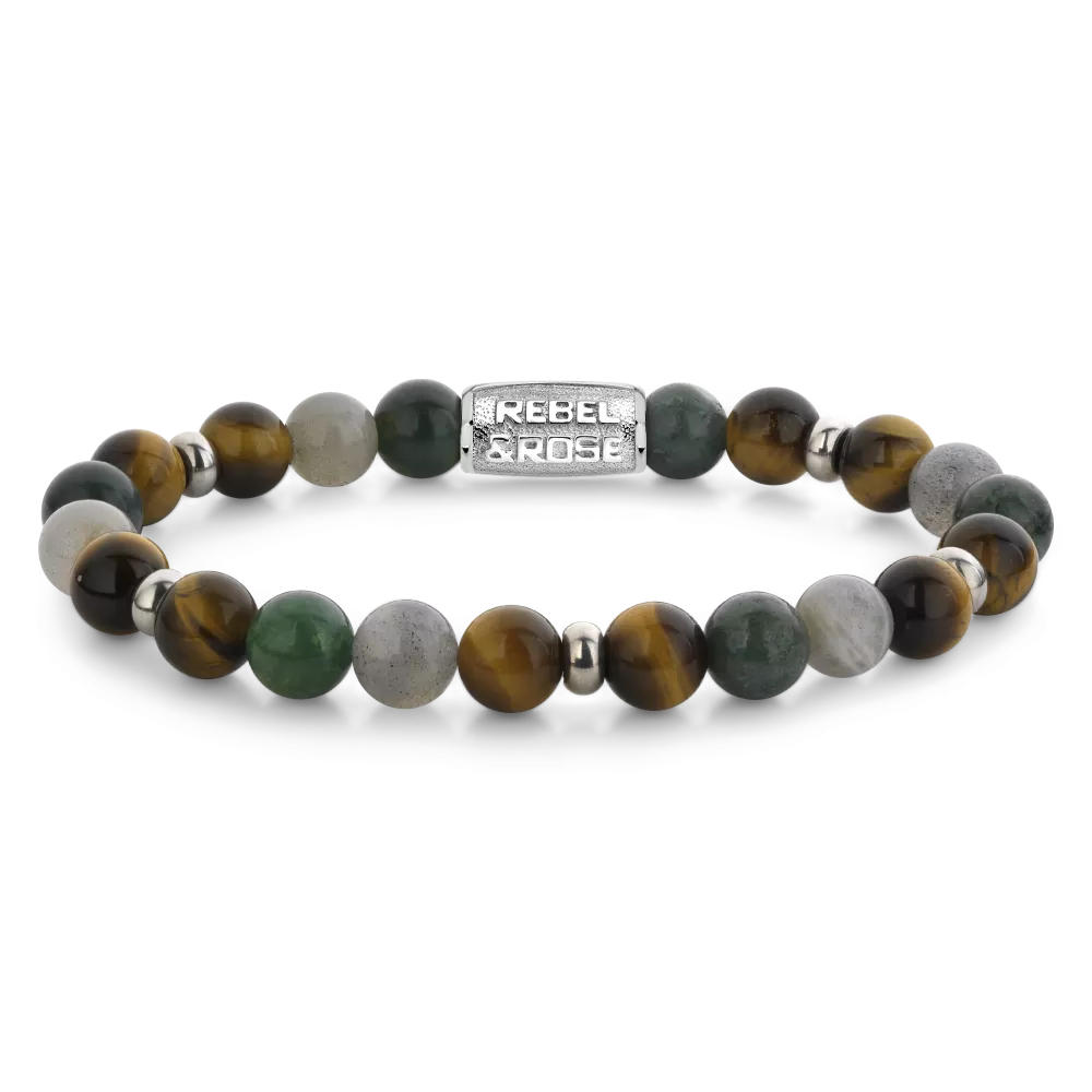 Bead armband, handgemaakt van 8mm stenen (Tijgeroog, Agaat, Labradoriet en kleine Stainless Steel elementen) met een zilverkleurige sluiting. De Rebel & Rose sieraden zijn makkelijk te combineren met andere zilveren, leren of kralenarmbanden.