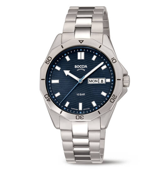 De Boccia herenhorloge model 3680-03 is ontworpen met een titanium kast en band, heeft een blauwe wijzerplaat met streepindex, en is voorzien van een saffierglas. Het beschikt over quartz uurwerk, is waterbestendig tot 10 ATM en heeft een datumfunctie. Draag het als een stijlvol en functioneel accessoire bij zowel zakelijke als casual outfits.