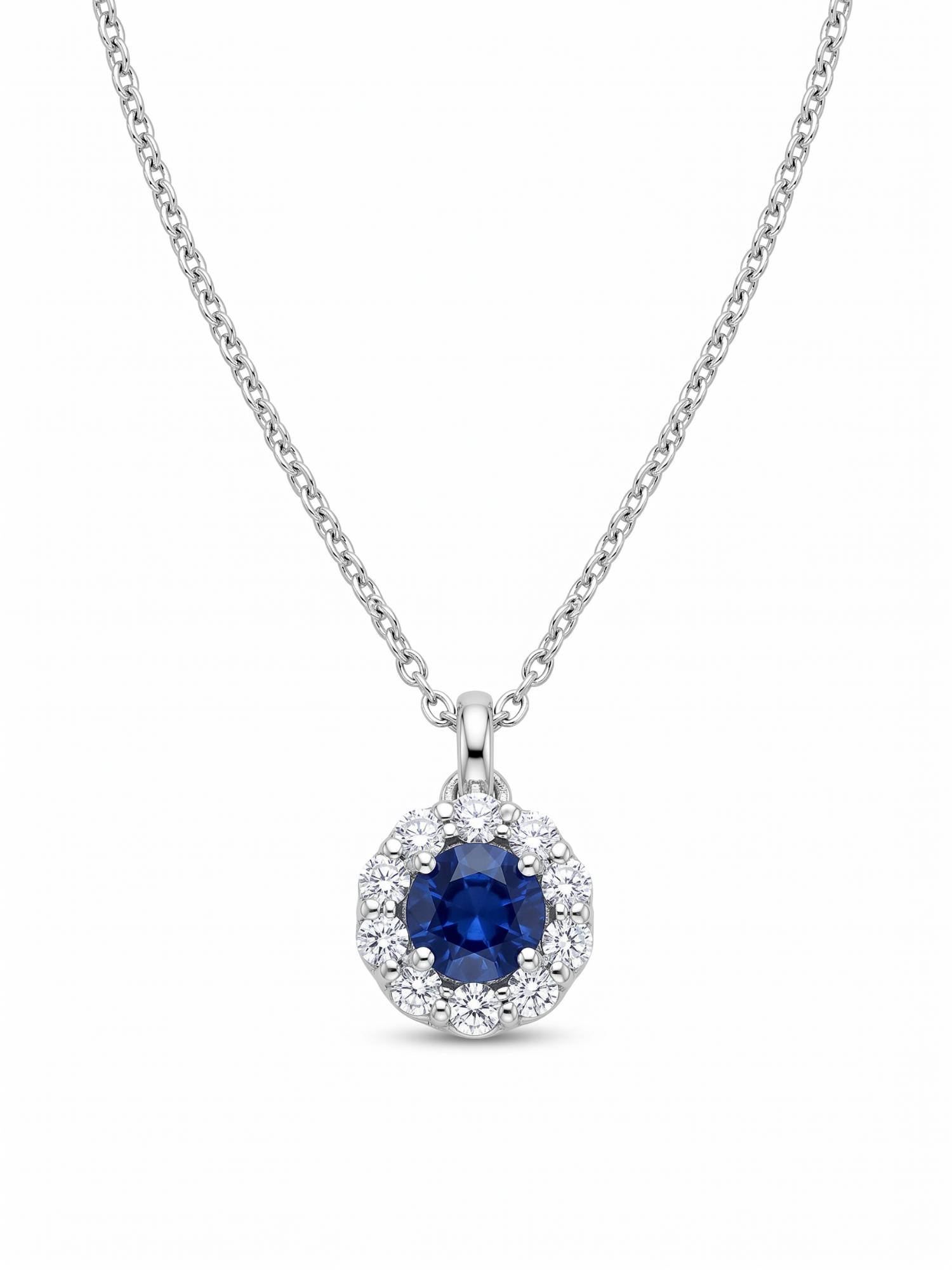 18 karaat wit gouden ketting met hanger rond gezet met 0.18ct briljanten en centrale steen 0.38ct saffier