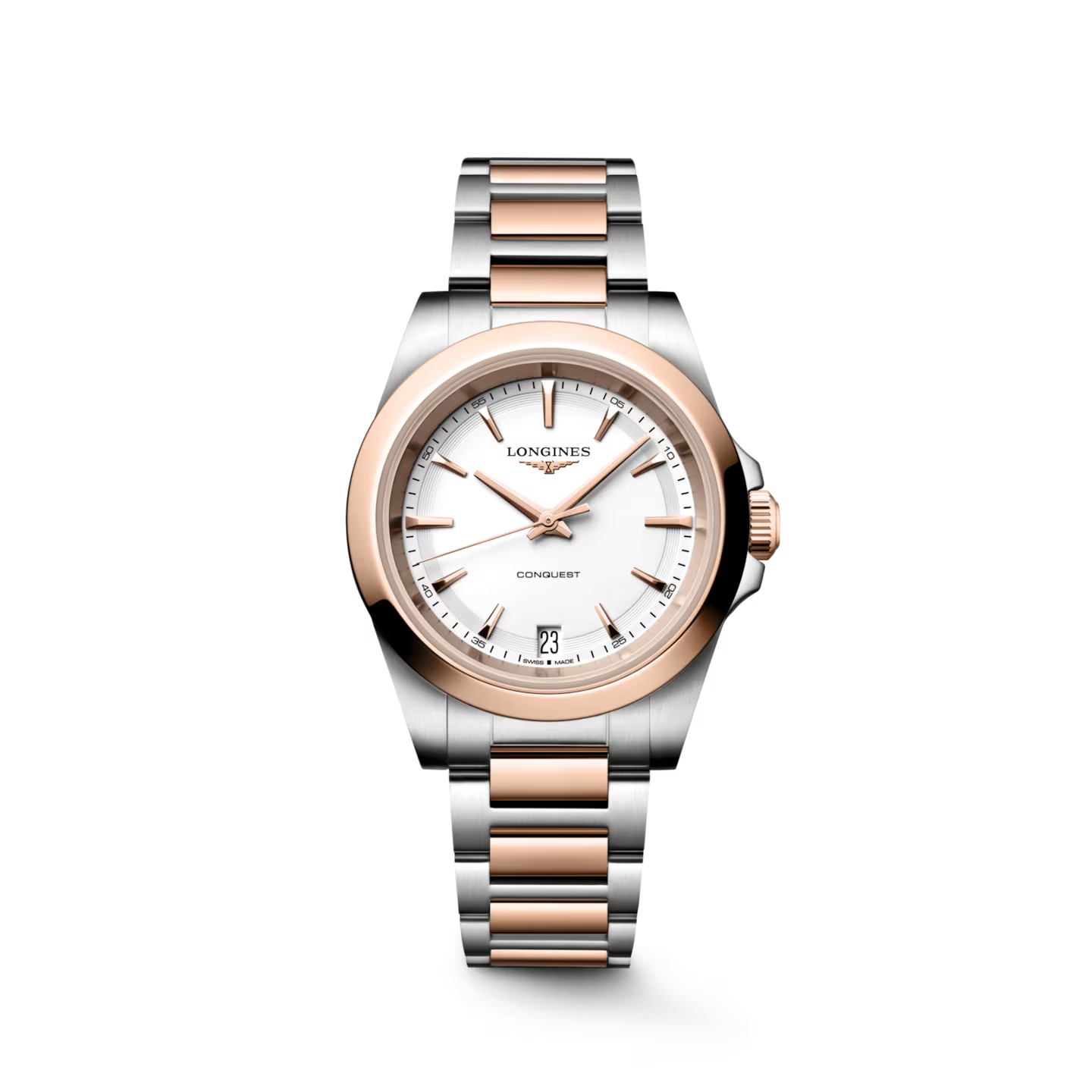 Horloge Longines Conquest staal met ros&eacute; en een witte wijzerplaat.