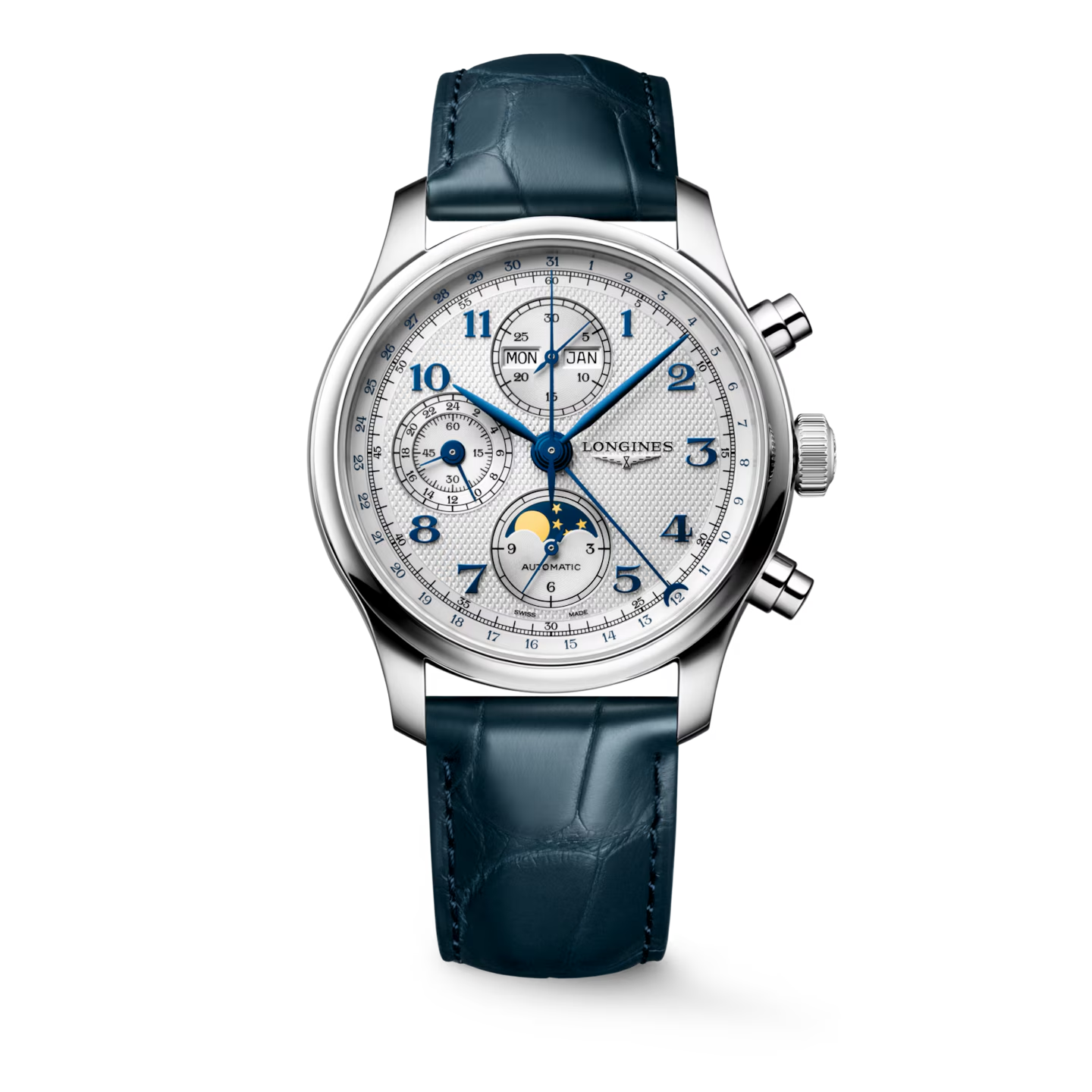 THE LONGINES MASTER COLLECTION CHRONO MOONPHASE
Automaat horloge, &Oslash; 41.00 mm, roestvrij staal, L2.962.4.73.2

Chronograaf gangreserve, zelfopwindend mechanisch uurwerk met 28.800 vibraties per uur en een gangreserve van ongeveer 66 uur.

Tot 3 bar, krasbestendig saffierglas met meerdere lagen anti-reflecterende coating aan beide zijden.

Zilver 'barleycorn'' wijzerplaat.

alligator leder band, vouwsluiting met drievoudige veiligheidssluiting en openingsmechanisme met drukknoppen en fijn afstelsysteem .
