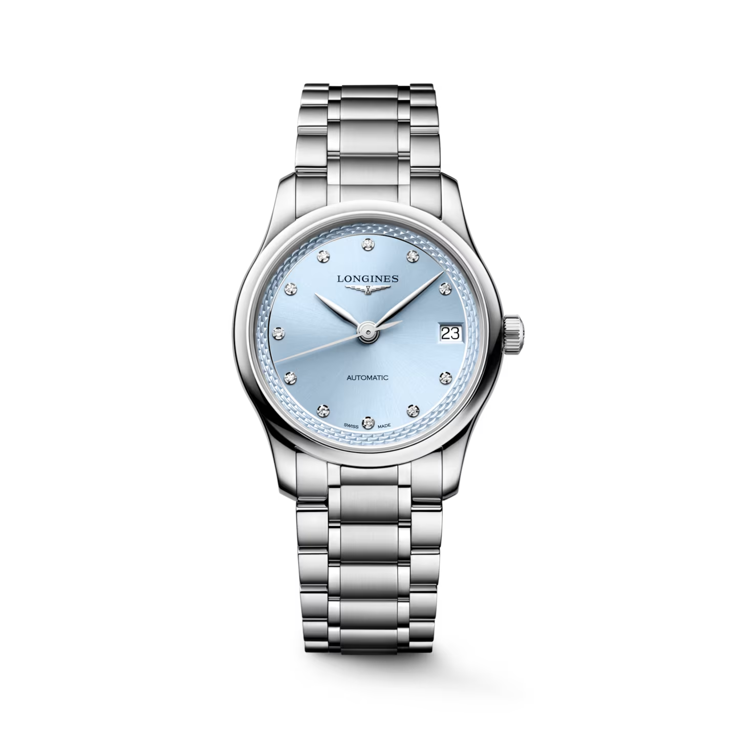 Longines polshorloge model Master met een licht blauwe wijzerplaat en diamant index
