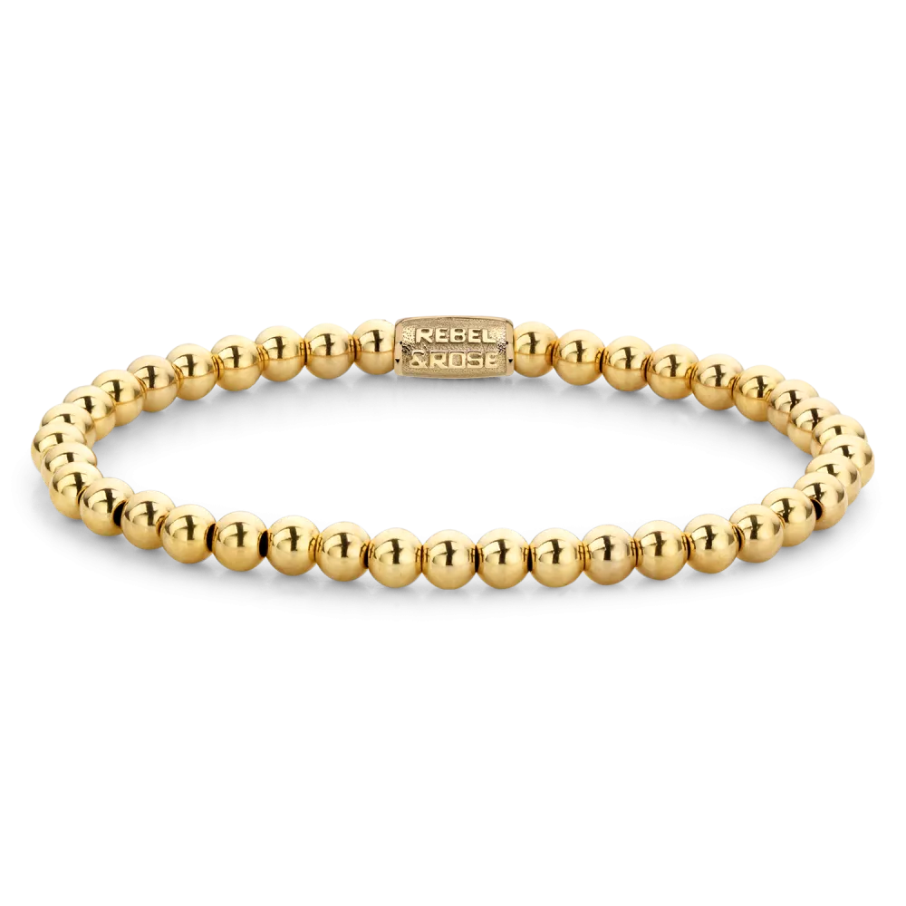 Bead armband, handgemaakt van 4 mm 18-karaats goud ion-plated edelstalen stenen met een 18-karaats goud ion-plated edelstalen sluiting. Het Rebel & Rose sieraad is makkelijk te combineren met andere zilveren, leren of kralenarmbanden.