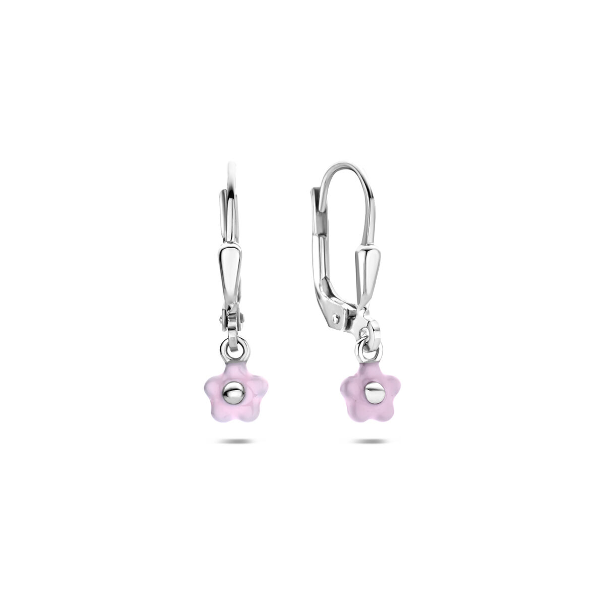 Gerhodineerd 925 zilveren oorhangers uitgevoerd in de vorm van een emaille bloem. De oorhangers hebben een totale hoogte van 20.5mm.
