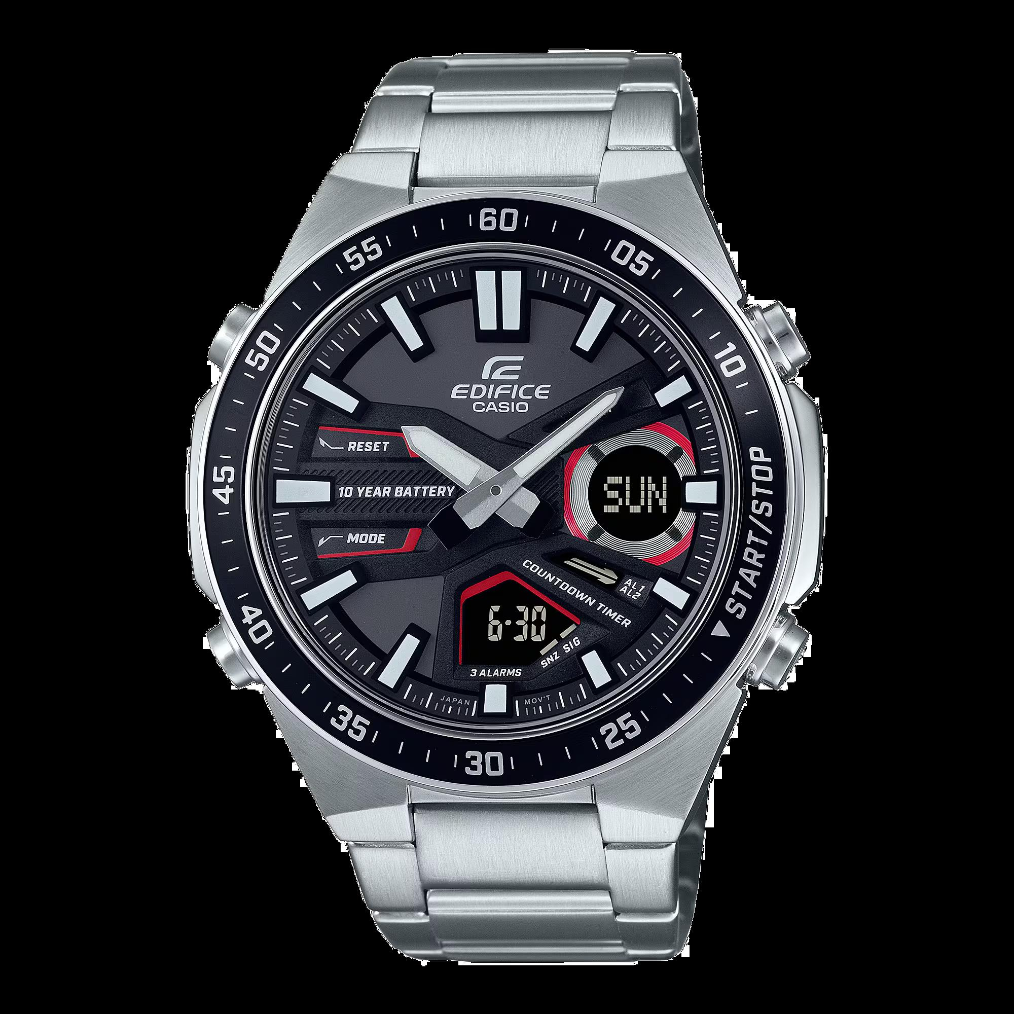 casio edifice heren horloge met analoog en digitale tijds aanduiding, stopwatch, timer, alarm functie, 10atm waterdicht