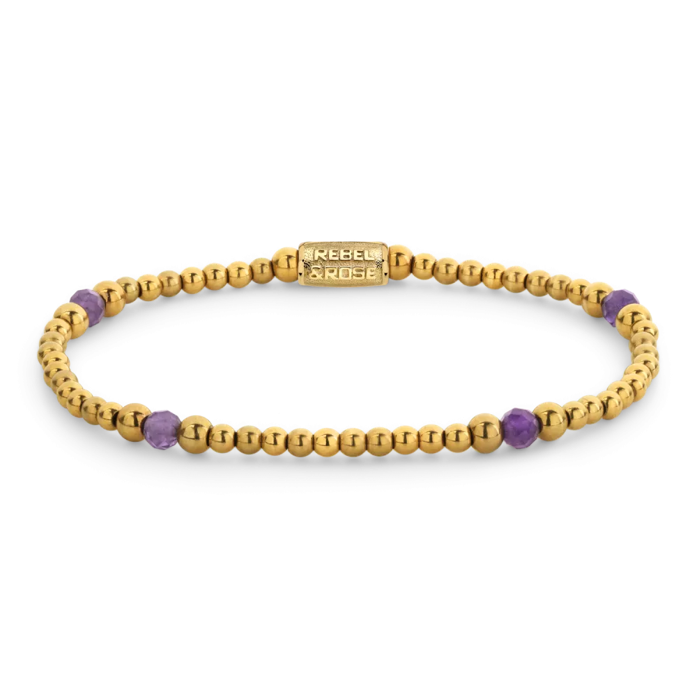 Bead armband, handgemaakt van 4mm stenen (Amethist, RVS ion-gold plated) met een 18 karaat goud ion-plated edelstalen sluiting. Het Rebel & Rose sieraad is makkelijk te combineren met onze andere kralenarmbanden.