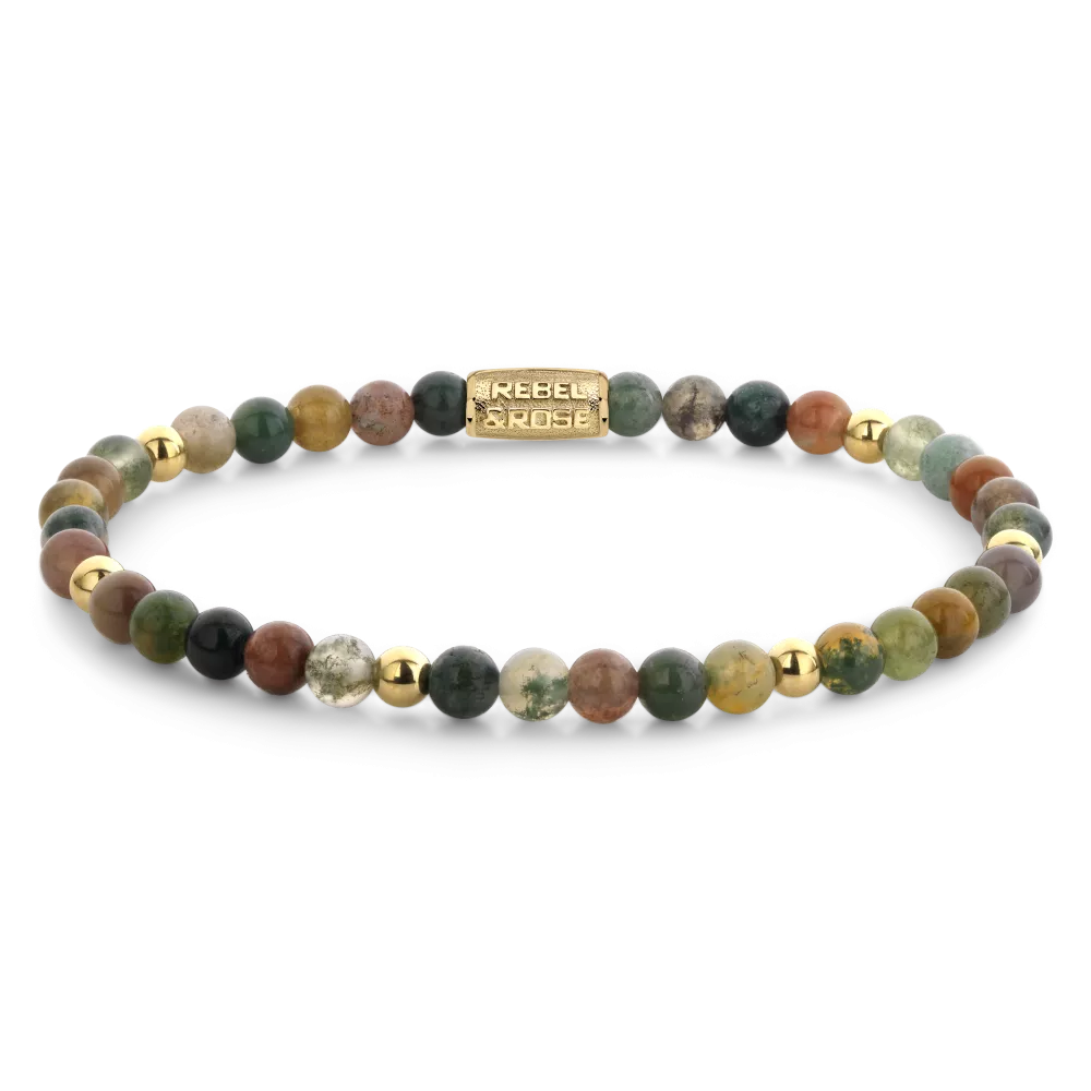 Bead armband, handgemaakt van 4mm stenen met een 18 karaat goud ion-plated edelstalen sluiting. Het Rebel & Rose sieraad is makkelijk te combineren met andere zilveren, leren of kralenarmbanden.