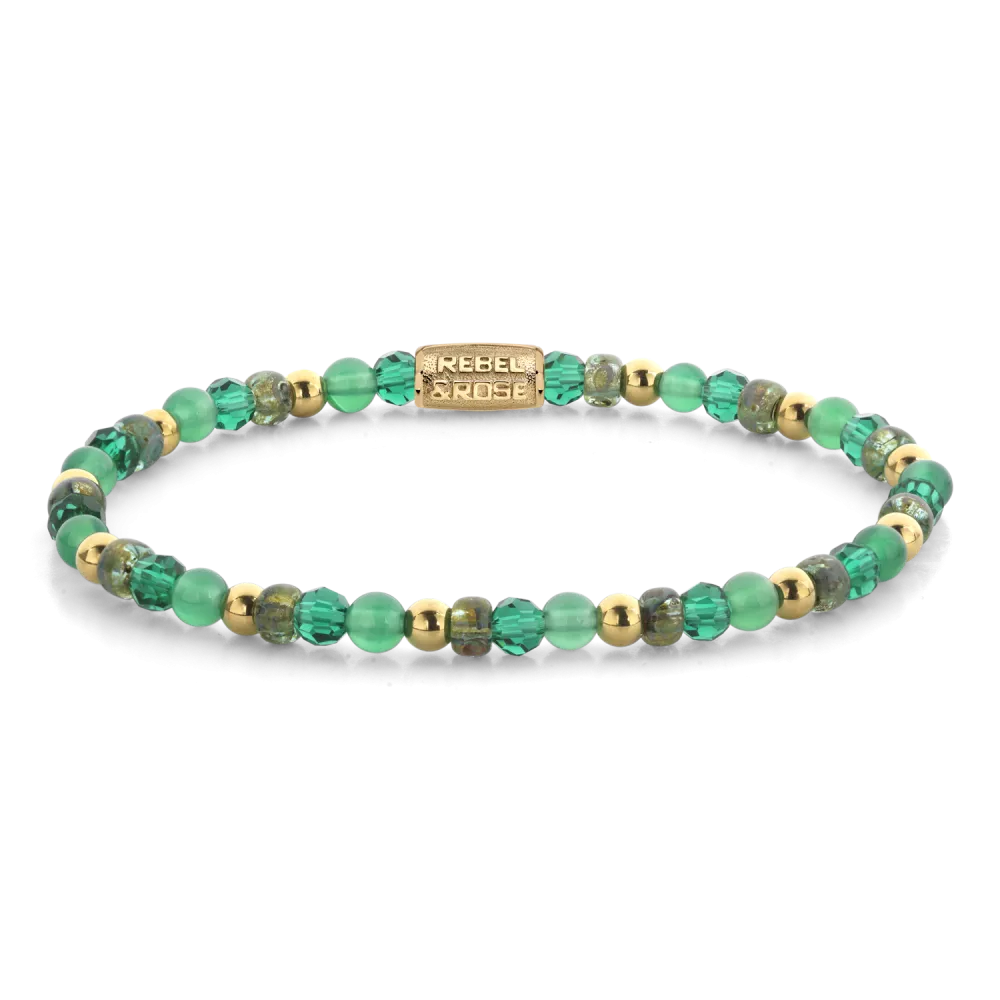 Bead armband, handgemaakt van 4mm stenen (Agaat, RVS ion-gold plated, Glas Rocailles, Glas Rock) met een 18 karaat goud ion-plated edelstalen sluiting. Het Rebel & Rose sieraad is makkelijk te combineren met onze andere kralenarmbanden.