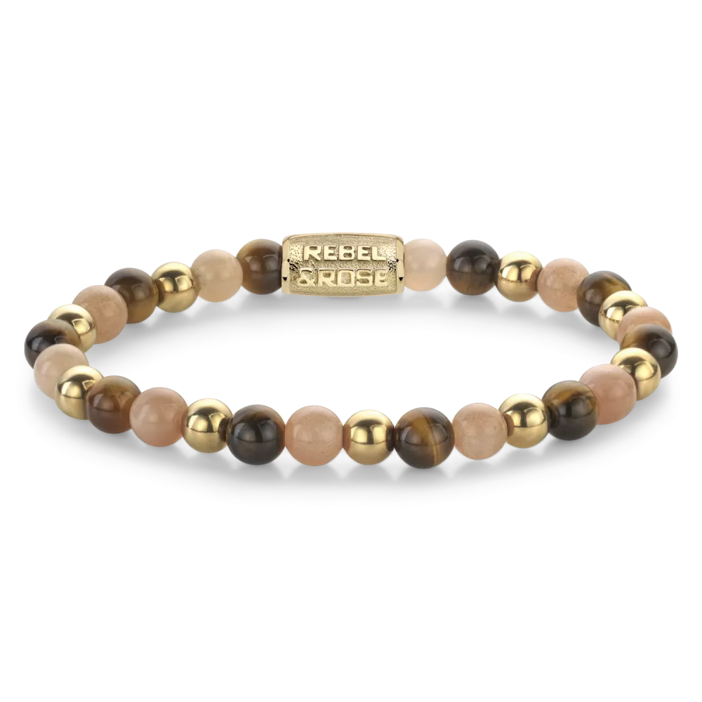 Bead armband, handgemaakt van 6mm stenen (Tijgeroog, Zonnesteen, goudkleurige stenen) met een 18 karaat goud ion-plated edelstalen sluiting. Het Rebel & Rose sieraad is makkelijk te combineren met onze andere kralenarmbanden.