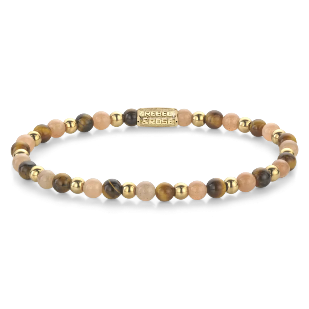 Bead armband, handgemaakt van 4mm stenen (Tijgeroog, Zonnesteen, goudkleurige stenen) met een 18 karaat goud ion-plated edelstalen sluiting. Het Rebel & Rose sieraad is makkelijk te combineren met onze andere kralenarmbanden.