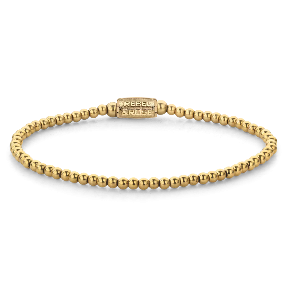 Bead armband, handgemaakt van 3 mm 18-karaats goud ion-plated edelstalen stenen met een 18-karaats goud ion-plated edelstalen sluiting. Het Rebel & Rose sieraad is makkelijk te combineren met andere zilveren, leren of kralenarmbanden.