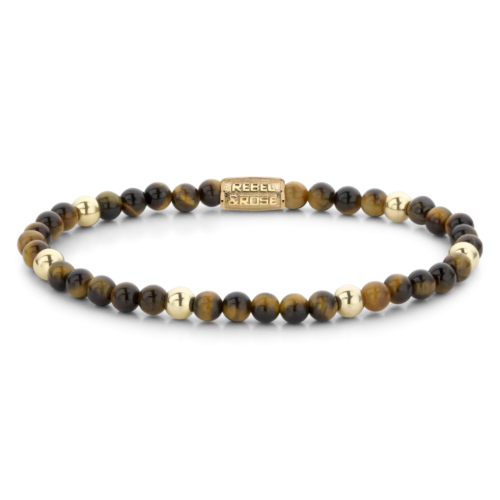 Bead armband, handgemaakt van 4mm stenen met een 18 karaat goud ion-plated edelstalen sluiting. Het Rebel & Rose sieraad is makkelijk te combineren met andere zilveren, leren of kralenarmbanden.